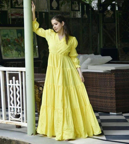 Yellow Maxis Pure Cotton Satin Plain Dyed Full