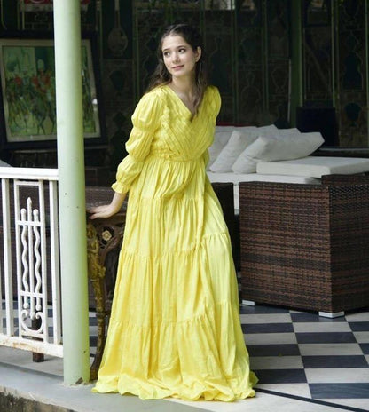 Yellow Maxis Pure Cotton Satin Plain Dyed Full