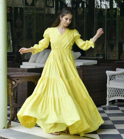 Yellow Maxis Pure Cotton Satin Plain Dyed Full