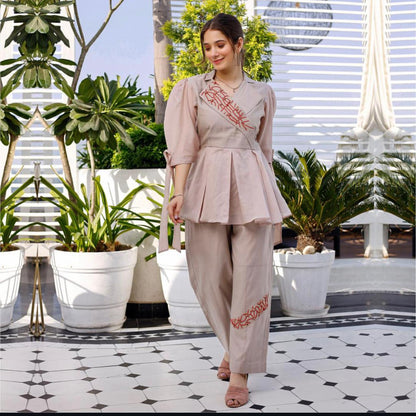 Mauve Pure Chanderi With Handwork Top With Pant Co-ord Set