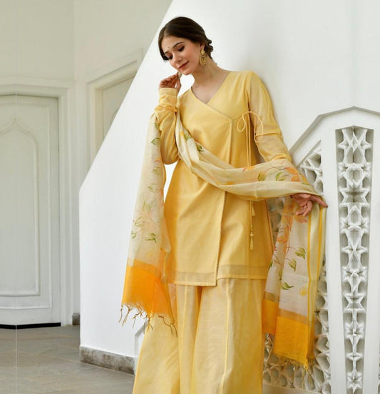 yellow knot-style kurta and Plazoo-Set adorned with a captivating floral-printed Dupatta.