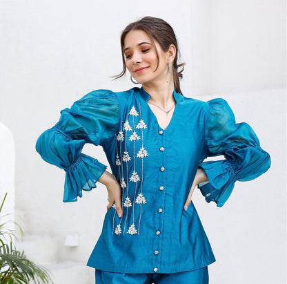 Teal Blue Chanderi Co-ord Set With Handwork