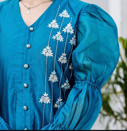 Teal Blue Chanderi Co-ord Set With Handwork