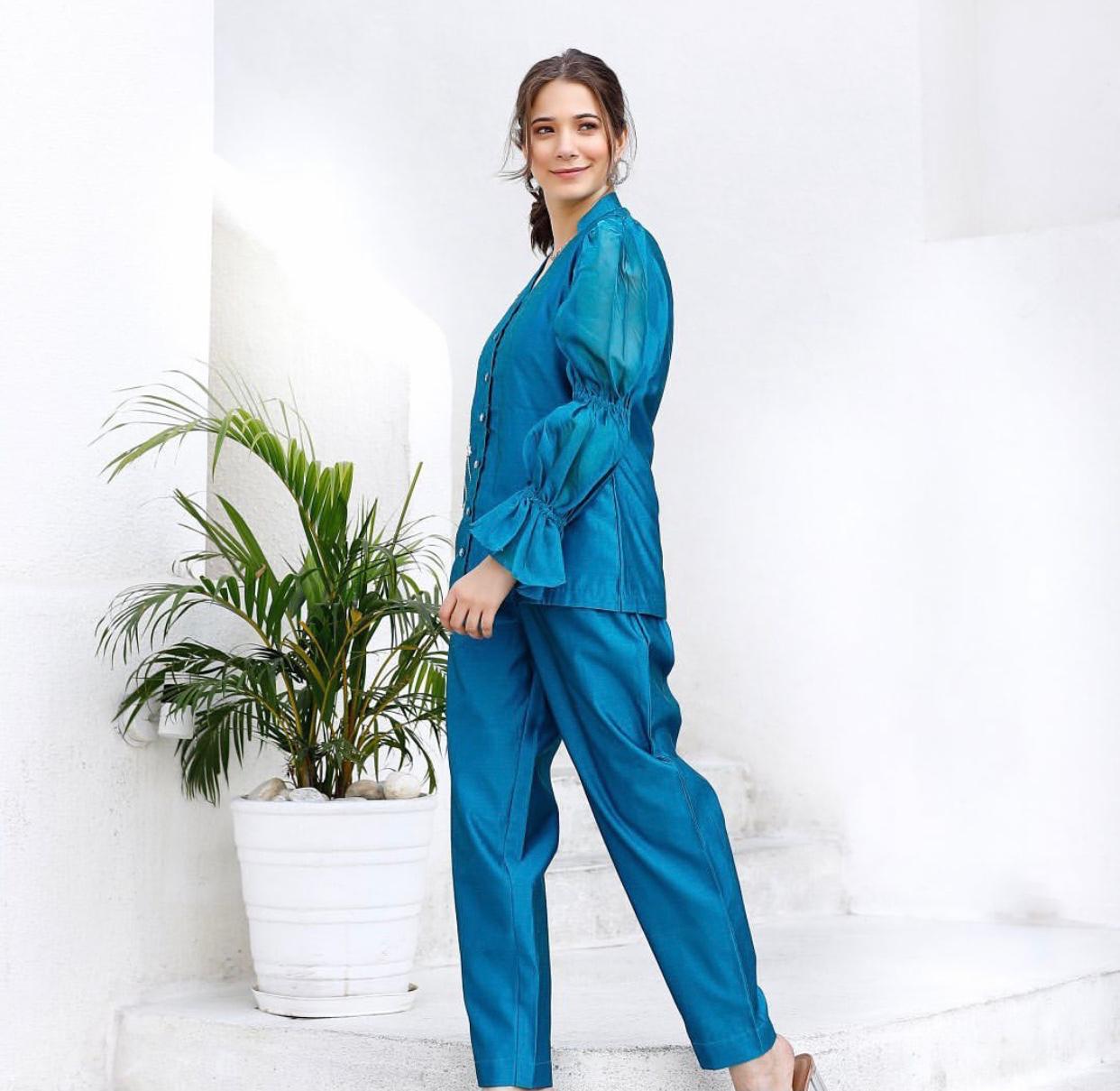 Teal Blue Chanderi Co-ord Set With Handwork