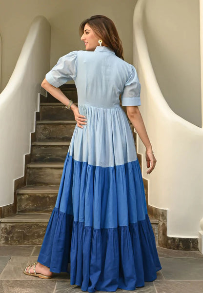 BLUE TIERED SHIRT DRESS