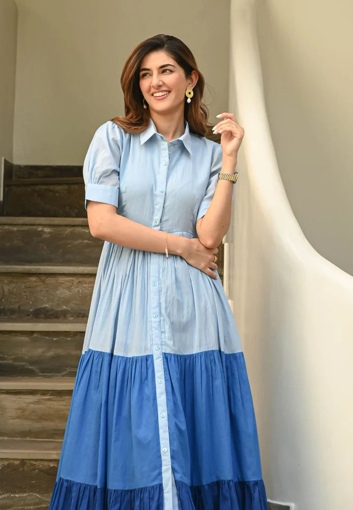 BLUE TIERED SHIRT DRESS