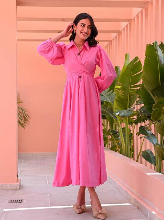 Bubblegum Pink Cotton Shirt Dress