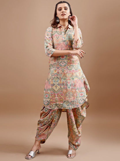 Printed Shirt Collar Tunic With Dhoti Pant