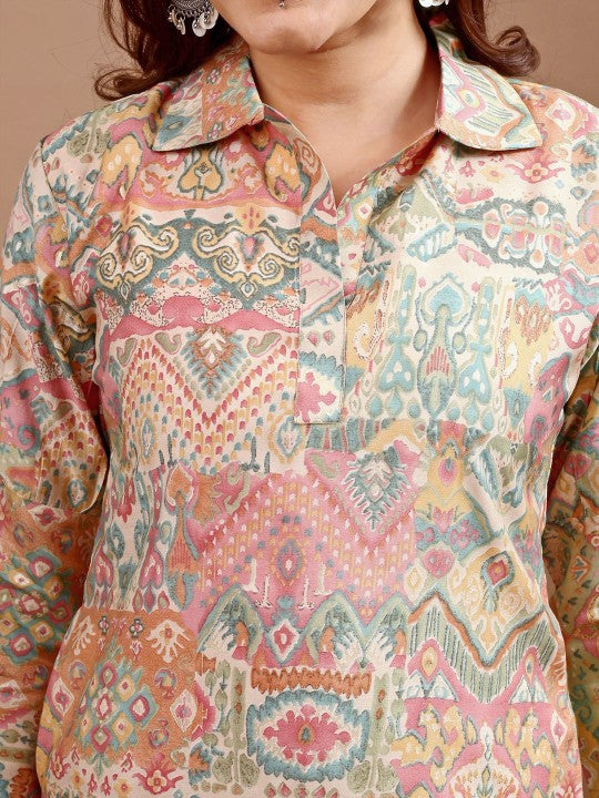 Printed Shirt Collar Tunic With Dhoti Pant