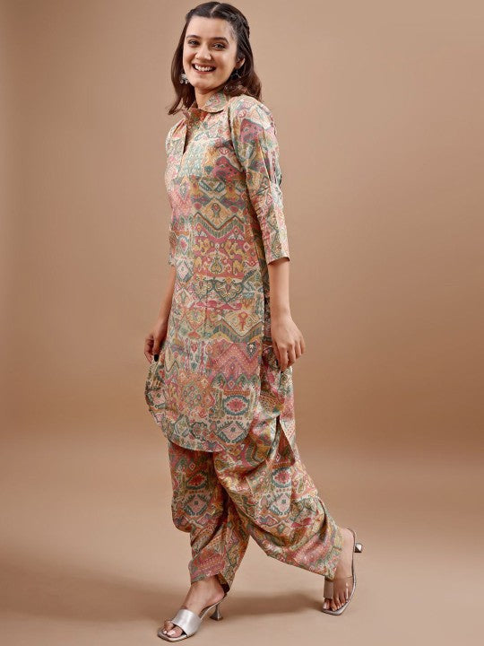 Printed Shirt Collar Tunic With Dhoti Pant