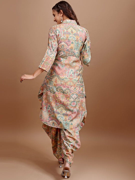 Printed Shirt Collar Tunic With Dhoti Pant