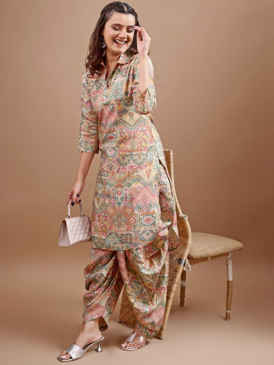 Printed Shirt Collar Tunic With Dhoti Pant