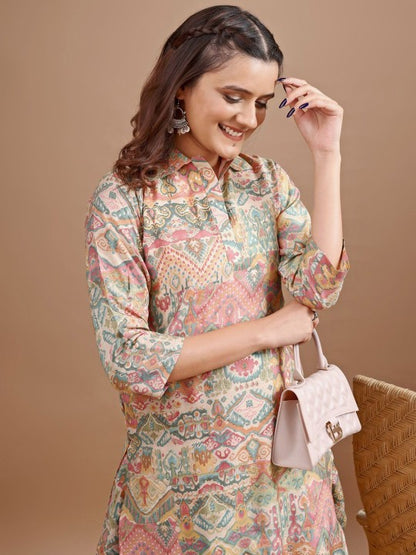 Printed Shirt Collar Tunic With Dhoti Pant